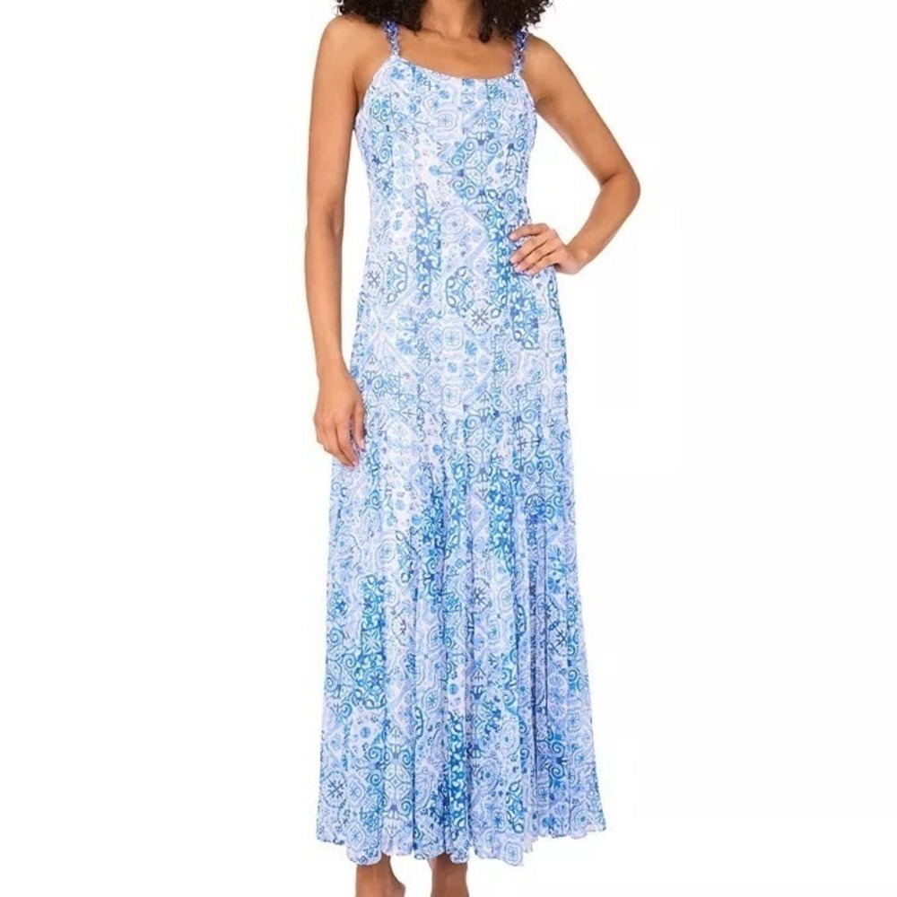 CeCe Godet Chainlink Strap Sleeveless Zip Dress Mosaic Sky Womens Size 14 NWT